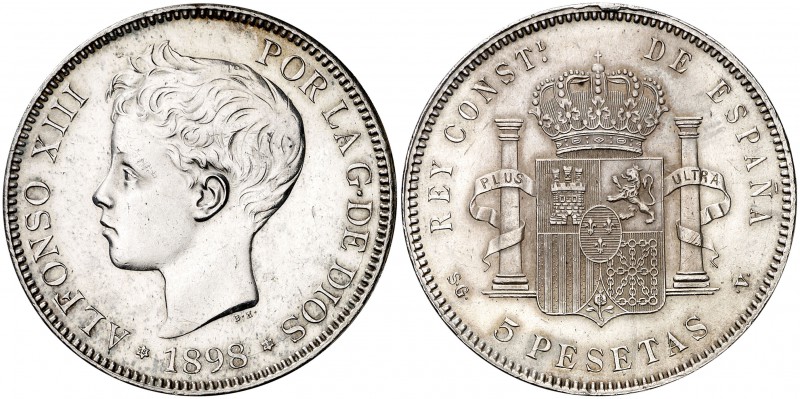 1898*1898. Alfonso XIII. SGV. 5 pesetas. (Cal. 27). 25,05 g. Limpiada. (EBC).