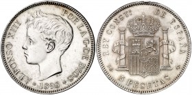 1898*1898. Alfonso XIII. SGV. 5 pesetas. (Cal. 27). 25,05 g. Limpiada. (EBC).
