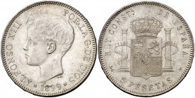 1899*1899. Alfonso XIII. SGV. 5 pesetas. (Cal. 28). 24,93 g. Leves marquitas. EBC-.