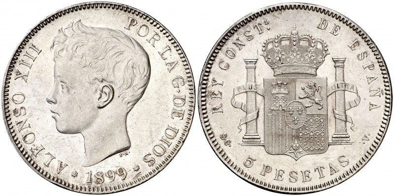 1899*1899. Alfonso XIII. SGV. 5 pesetas. (Cal. 28). 24,66 g. Golpecito en canto....