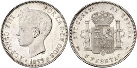 1899*1899. Alfonso XIII. SGV. 5 pesetas. (Cal. 28). 24,66 g. Golpecito en canto. Bella. EBC+.