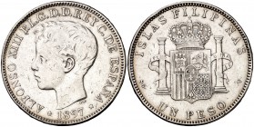 1897. Alfonso XIII. Manila. SGV. 1 peso. (Cal. 81). 24,74 g. Golpecitos. Escasa. MBC-.