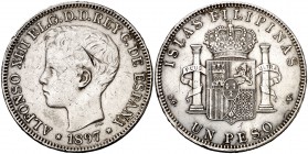 1897. Alfonso XIII. Manila. SGV. 1 peso. (Cal. 81). 24,65 g. Rayas. Escasa. MBC.