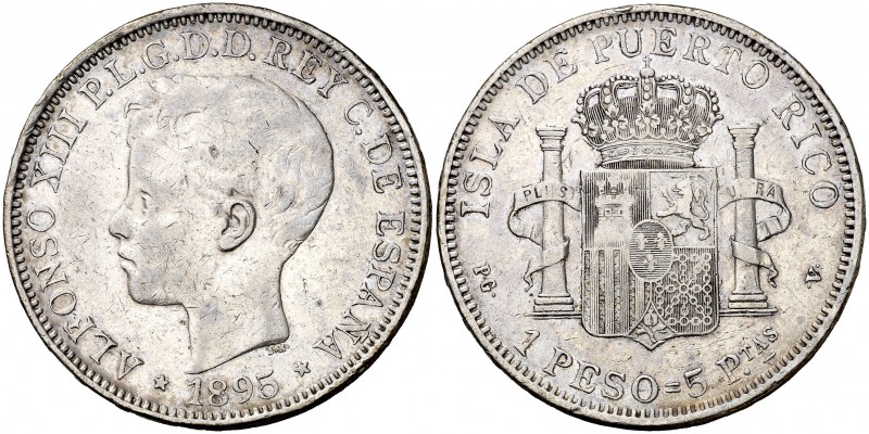 1895. Alfonso XIII. Puerto Rico. PGV. 1 peso. (Cal. 82). 24,69 g. Rara. MBC-/BC+...