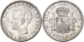 1895. Alfonso XIII. Puerto Rico. PGV. 1 peso. (Cal. 82). 24,69 g. Rara. MBC-/BC+.