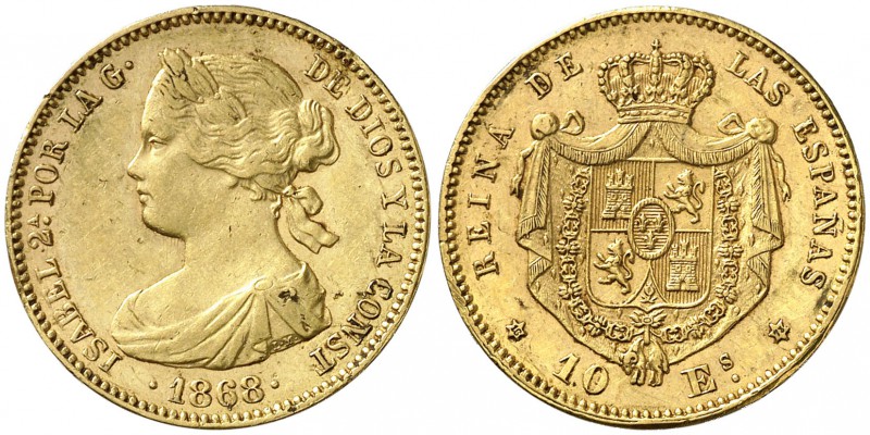 1868*1873. I República. 10 escudos. (Cal. 1). 8,26 g. A nombre de Isabel II. Gol...