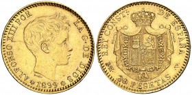 1899*1899. Alfonso XIII. SMV. 20 pesetas. (Cal. 7). 6,49 g. MBC+.