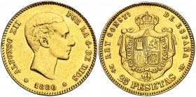 1880*1880. Alfonso XII. MSM. 25 pesetas. (Cal. 10). 7,96 g. Sirvio como joya. (MBC).