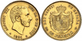 1881*1881. Alfonso XII. MSM. 25 pesetas. (Cal. 14). 8,05 g. Sirvio como joya. (MBC+).
