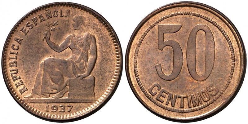 1937. II República. 50 céntimos. (Cal. falta). 5,99 g. Sin estrellas. Orla de cu...