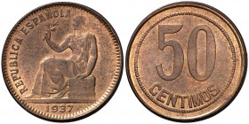 1937. II República. 50 céntimos. (Cal. falta). 5,99 g. Sin estrellas. Orla de cuadrados. S/C-.