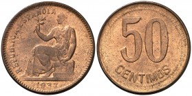 1937. II República. 50 céntimos. (Cal. falta). 5,86 g. Estrellas anepígrafas. S/C-.