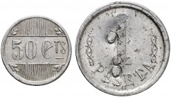 L'Ametlla del Vallès. 50 céntimos y 1 peseta. (Cal. 1, como serie completa). Lote de 2 monedas, una con dos 8 en contramarca. MBC-/MBC.