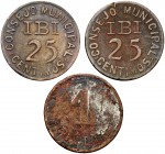 Ibi (Alicante). 25 céntimos (dos) y 1 peseta. (Cal. 8, como serie completa). Lote de 3 monedas. BC/MBC.