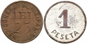 Ibi (Alicante). 25 céntimos y 1 peseta. (Cal. 8, como serie completa). Lote de 2 monedas. MBC-/MBC.