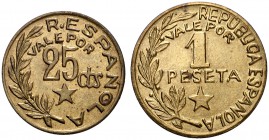 Menorca (Baleares). 25 céntimos y 1 peseta. (Cal. 12, como serie completa). Lote de 2 monedas. S/C.