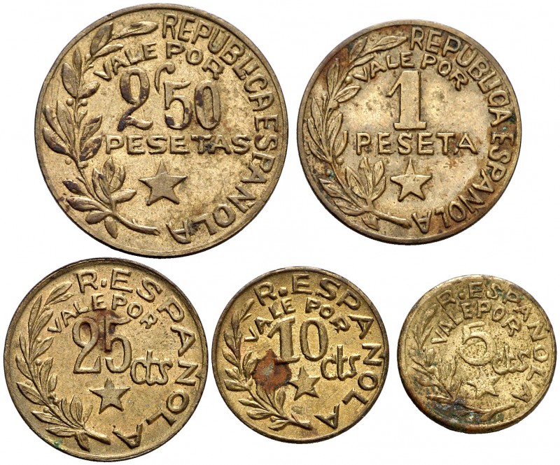 Menorca (Baleares). 5, 10, 25 céntimos, 1 y 2,50 pesetas. (Cal. 12). Cinco moned...