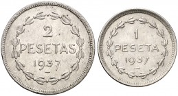 Euzkadi. 1 y 2 pesetas. (Cal. 6). Dos monedas, serie completa. MBC+/EBC-.