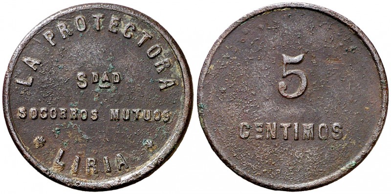 Líria (Valencia). Sociedad de Socorros Mútuos "La Protectora". 5 céntimos. (T. l...