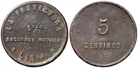 Líria (Valencia). Sociedad de Socorros Mútuos "La Protectora". 5 céntimos. (T. l'Ardit 7 y 8, pág. 30) (Petit Aledón 360). 2,25 g. Rara. MBC.