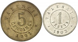 Valencia. Sociedad Cooperativa para el Socorro e Instrucción del Obrero. 5 céntimos y 1 peseta. Lote de 2 monedas. EBC-/EBC.