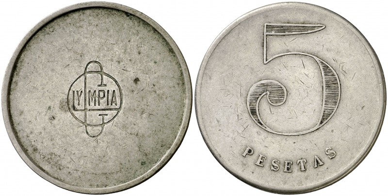 Barcelona. Café Olympia. 1 y 5 pesetas. (AL. 996 y falta). 5,93 g. Lote de 2 mon...