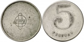 Barcelona. Café Olympia. 1 y 5 pesetas. (AL. 996 y falta). 5,93 g. Lote de 2 monedas. Muy raras. MBC-/MBC.