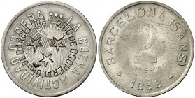 1932. Barcelona. La Nueva Actividad Obrera. 2 pesetas (tres). (AL. 1730, 1731 y falta). Lote de 3 monedas, una con contramarca en anverso y reverso U....