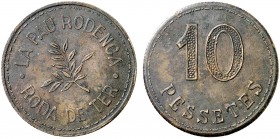 Roda de Ter. Cooperativa "La Pau Rodenca". 25 céntimos, 1 (dos), 5 y 10 pesetas. (AL. 2988 a 2991, faltan los 25 céntimos). Cinco monedas, serie compl...