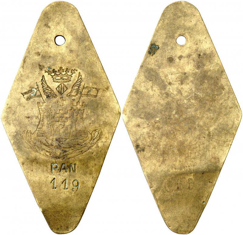 Alcoy (Alicante). Ficha. 4,11 g. 70x36 mm. Latón. Ficha romboidal con pequeña pe...