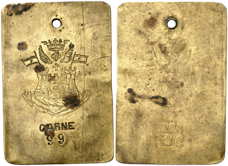 Alcoy (Alicante). Ficha. 7,74 g. 58x38 mm. Latón. Ficha rectangular con pequeña ...