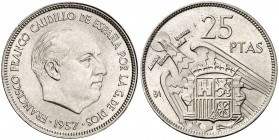 1957. Estado Español. BA (Barcelona). 25 pesetas. (Cal. 139, como serie completa). 8,54 g. I Exposición Iberoamericana de Numismática y Medallística. ...