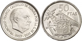 1957. Estado Español. BA (Barcelona). 50 pesetas. (Cal. 139, como serie completa). 12,62 g. I Exposición Iberoamericana de Numismática y Medallística....