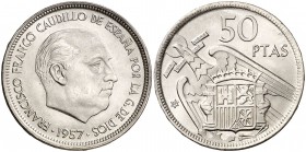 1957*69. Estado Español. 50 pesetas. (Cal. 22). 12,41 g. Leves marquitas. Rara. (Proof).