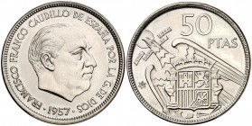 1957*70. Estado Español. 50 pesetas. (Cal. 23). 12,35 g. Ex Áureo 29/06/2005, nº 720. Proof.