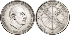 1966*1969. Estado Español. 100 pesetas. (Cal. 14). 19,15 g. Palo curvo. Escasa. EBC+.