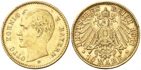 1911. Alemania. Baviera. Otto. D (Múnich). 10 marcos. (Fr. 3771). 3,93 g. AU. Escasa. MBC+.