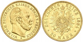 1884. Alemania. Prusia. Guillermo I. A (Berlín). 20 marcos. (Fr. 3816). 7,91 g. AU. MBC+.