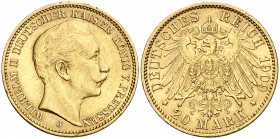 1909. Alemania. Prusia. Guillermo II. J (Hamburgo). 20 marcos. (Fr. 3832). 7,95 g. AU. Golpecitos. MBC+.