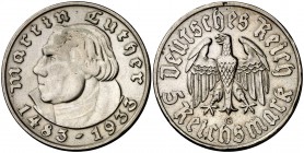 1933. Alemania. III Reich. G (Karlsruhe). 5 marcos. (Kr. 80). 13,74 g. AG. 450º Aniversario del nacimiento de Martín Lutero. Limpiada. Escasa. (MBC+)....