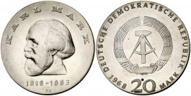1968. Alemania Oriental. 20 marcos. (Kr. 21). 20,89 g. AG. Escasa. S/C.
