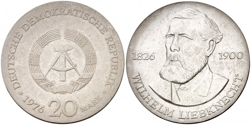 1976. Alemania Oriental. 20 marcos. (Kr. 63). 21,03 g. AG. Escasa. EBC+.