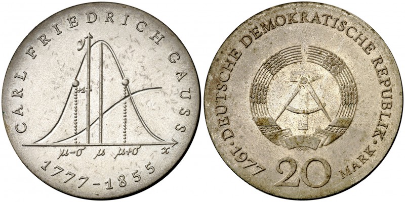 1977. Alemania Oriental. 20 marcos. (Kr. 66). 21,02 g. AG. Muy escasa. EBC.