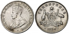 1924. Australia. Jorge V. 3 peniques. (Kr. 24). 1,41 g. AG. Golpecitos. Buen ejemplar. Escasa. MBC+.
