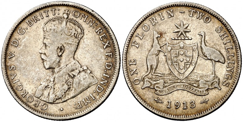 1913. Australia. Jorge V. 1 florín o 2 chelines. (Kr. 27). 11,17 g. AG. Escasa. ...