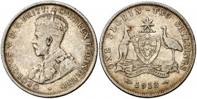 1913. Australia. Jorge V. 1 florín o 2 chelines. (Kr. 27). 11,17 g. AG. Escasa. MBC-/MBC.