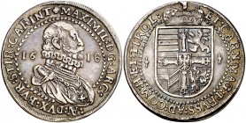 1618. Austria. Maximiliano. Hall. 1 taler. (Kr. 227.2). 28,23 g. AG. Soldadura a las 12h. (MBC).