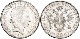 1848. Austria. Fernando I. A (Viena). 20 kreuzer. (Kr. 2208). 6,66 g. AG. S/C-.