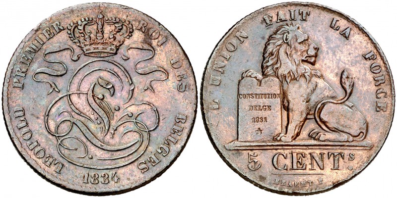1834. Bélgica. Leopoldo I. 5 céntimos. (Kr. 5.1). 10,04 g. CU. Golpecitos. MBC+....