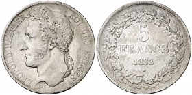 1833. Bélgica. Leopoldo I. 5 francos. (Kr. 3.1). 24,99 g. Golpecitos. Escasa. MBC-.